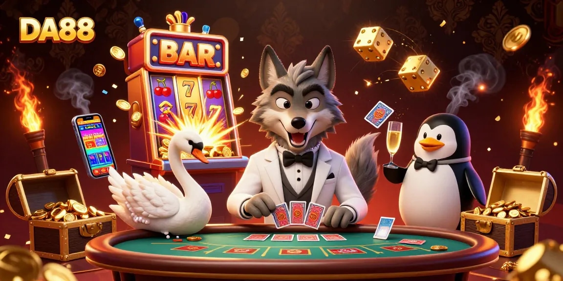 Engage with DA88's vibrant casino scene featuring a debonair wolf, swan dealer, and penguin sommelier.