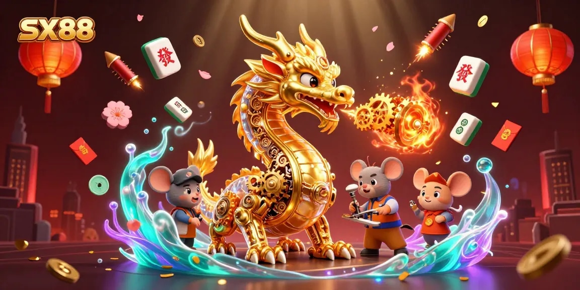 SX88 showcases a golden dragon breathing gears and cogs in a vibrant casino atmosphere.