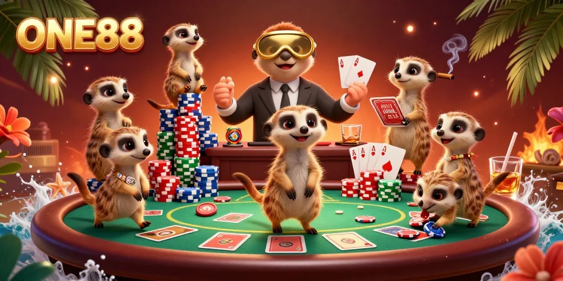 Engage in thrilling gameplay at ONE88's vibrant casino with meerkats managing games and poker action.