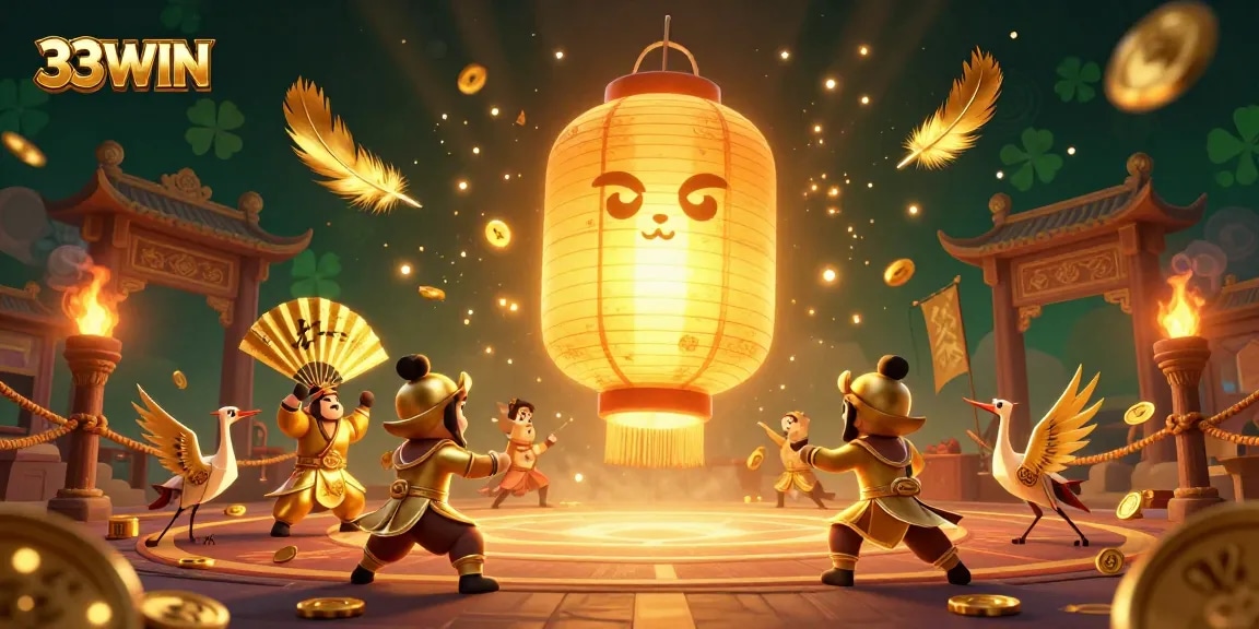 Experience the vibrant casino scene with 33WIN, featuring a golden lantern spirit and lucky symbols.