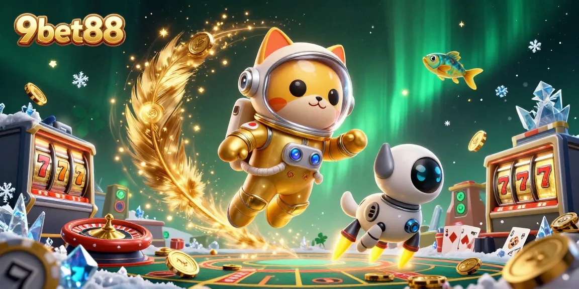 Engage with 9bet88's dynamic gaming scene featuring slot machines and a unique space theme.