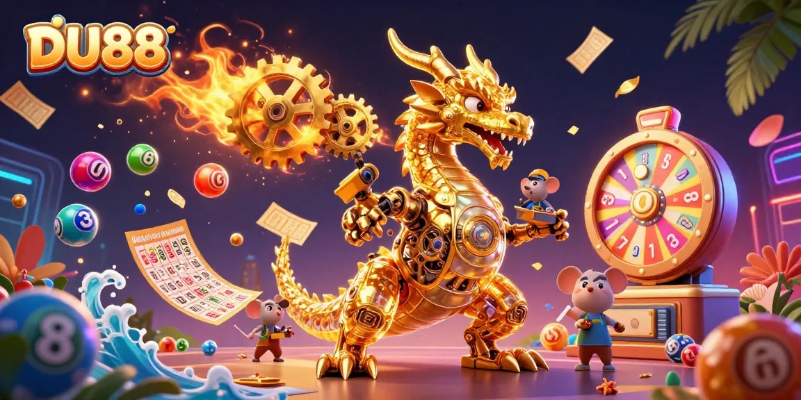 Engage with DU88's thrilling gaming scene featuring a dragon, vibrant lotto balls, and gold elements.