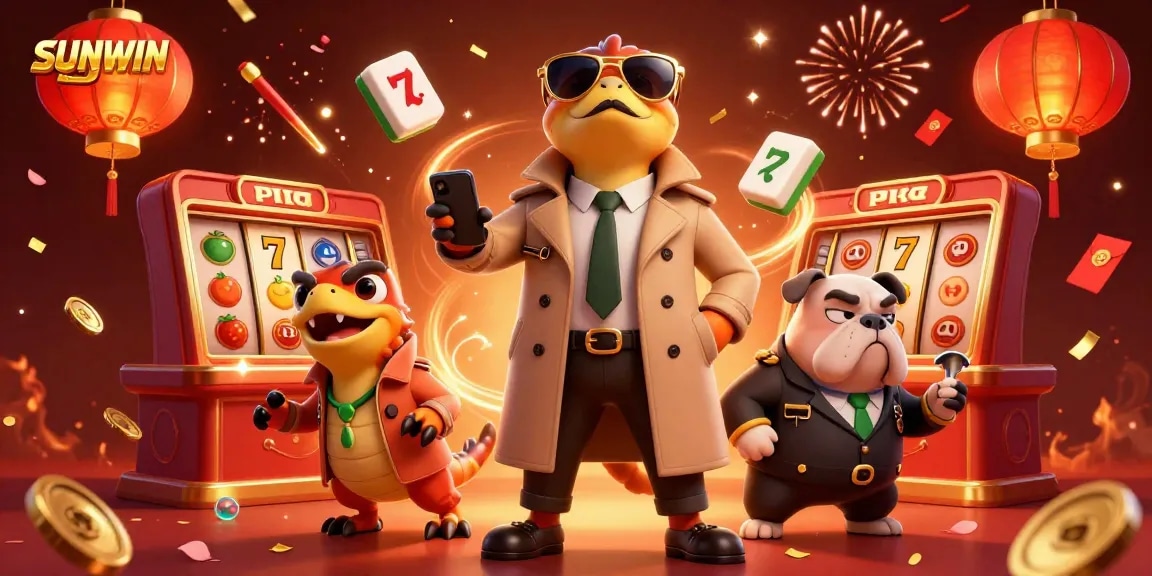 SUNWIN showcases three raptors in disguise attempting to enter a VIP casino, surrounded by vibrant gaming elements.