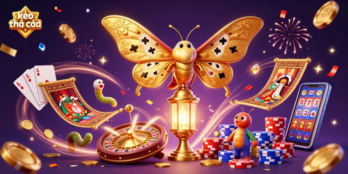 Experience exciting gaming with kèo nhà cái, featuring a colorful casino scene with animated moths and gambling elements.