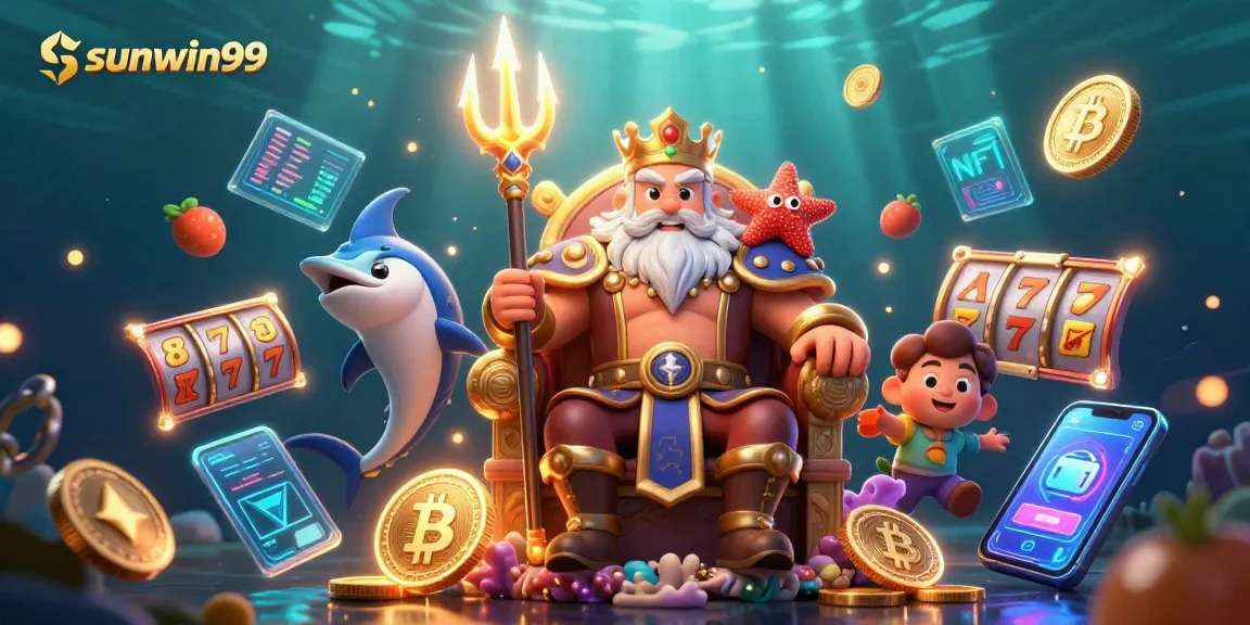 Experience thrilling gameplay at sunwin99 with a vibrant 3D illustration of Neptune ruling the crypto casino seas.