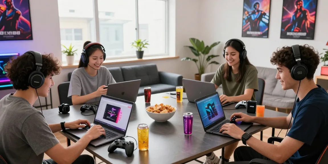 Engaged players using ROKOK88 for online gaming on devices while enjoying a lively atmosphere.