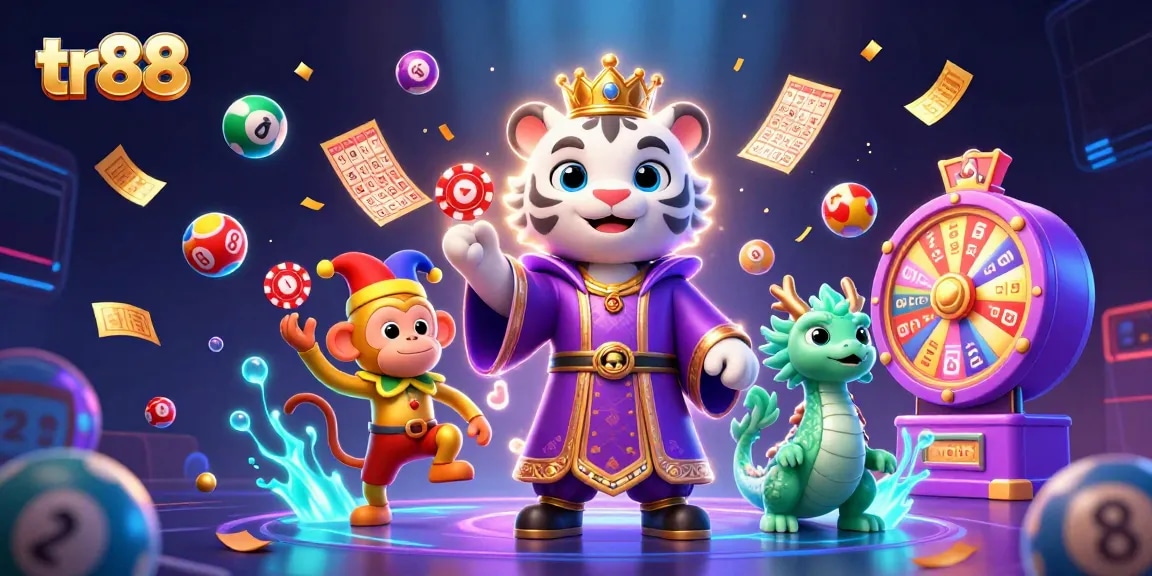 tr88 showcases a vibrant scene with a regal tiger, playful monkey, and lively dragon, celebrating casino excitement.