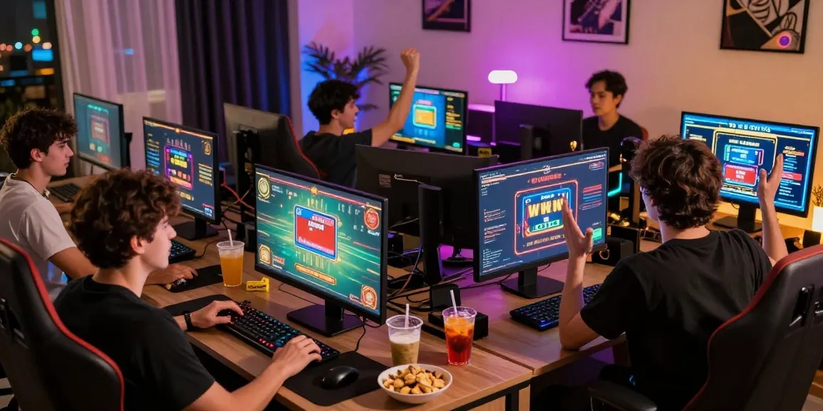 Players enjoying credit card deposit casinos in a vibrant gaming setup, celebrating wins and engaging in online play.