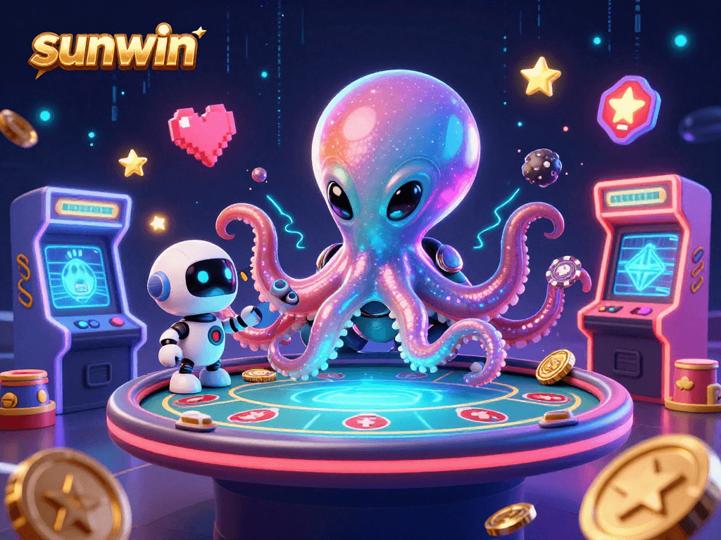Join the fun with sunwin's galactic alien octopus playing holographic poker with vibrant arcade elements.