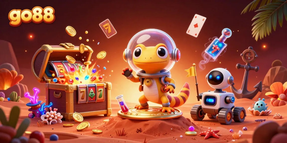 Experience go88 excitement in a vibrant casino scene with a Martian gecko and robot, surrounded by slot reels.
