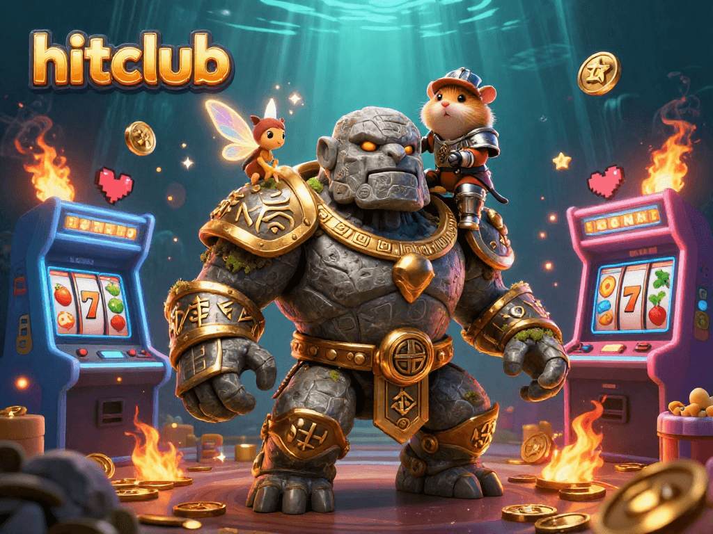 Engage in excitement at hitclub with colorful slot machines, a mystical golem, and magical companions.