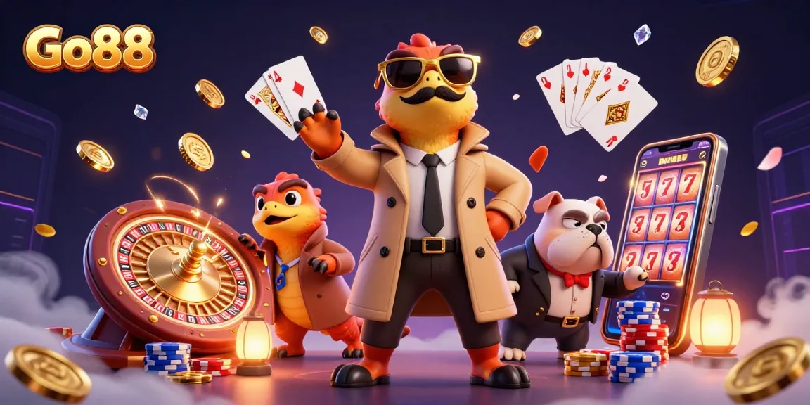 Win big at Go88 with playful raptors entering a VIP casino, surrounded by sparkling casino elements.