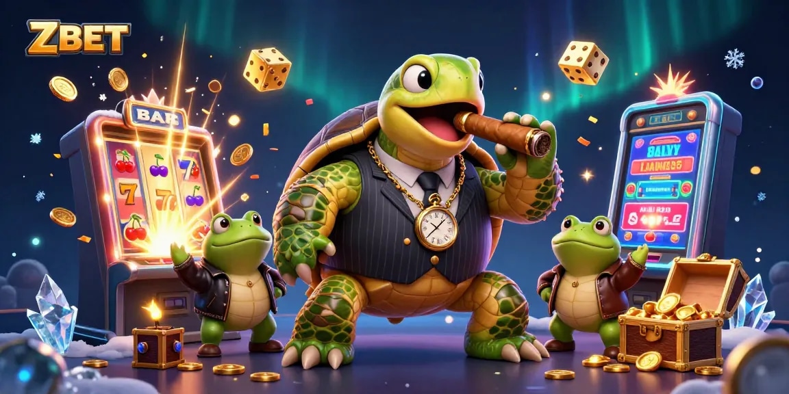 ZBET's vibrant 3D casino scene featuring a snapping turtle and bullfrog enforcers amidst exploding slot machines.