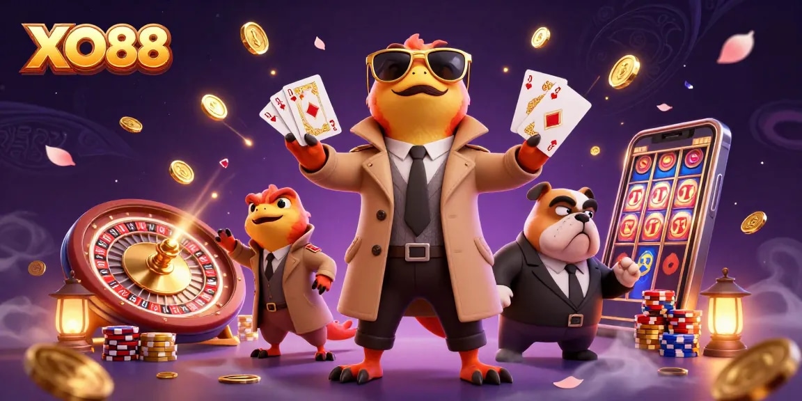 Immerse in the vibrant world of XO88 with cartoon raptors entering a casino, surrounded by golden coins and exciting game elements.