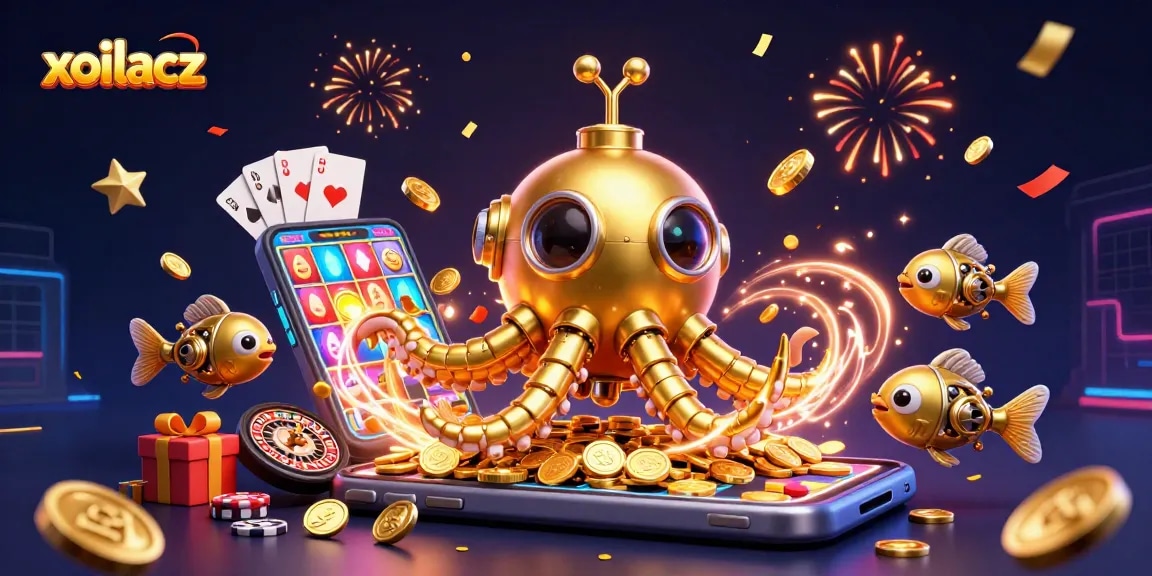 Xoilacz showcases a vibrant casino scene with a golden kraken submarine amid coins and vibrant gaming elements.