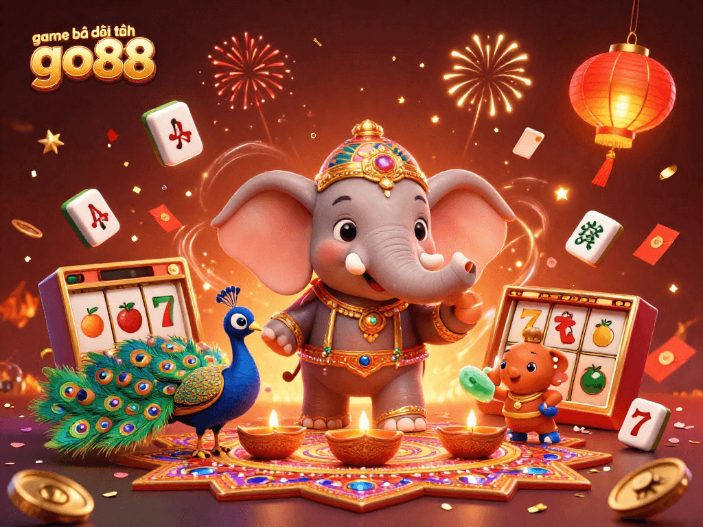 Engage in thrilling gameplay with game bài đổi thưởng go88, featuring a colorful elephant amidst slot reels and festive symbols.