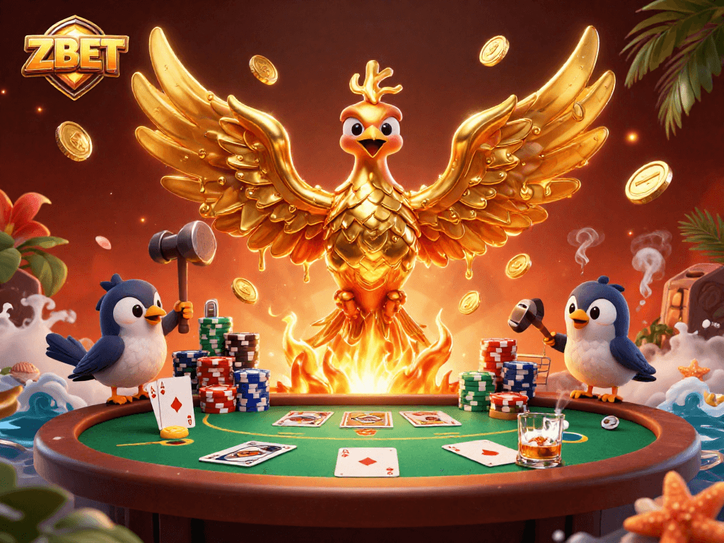 ZBET showcases winning strategies with a golden phoenix and poker elements in 3D illustration
