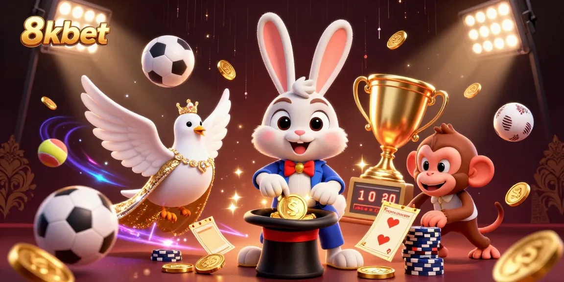 Engage in exciting gameplay at 8xbet featuring a magician rabbit, assistant dove, and monkey in a vibrant casino scene.