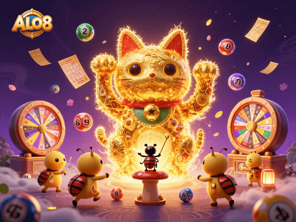 Engage with ALO8's vibrant casino world, featuring a golden lucky cat and dynamic lottery elements.
