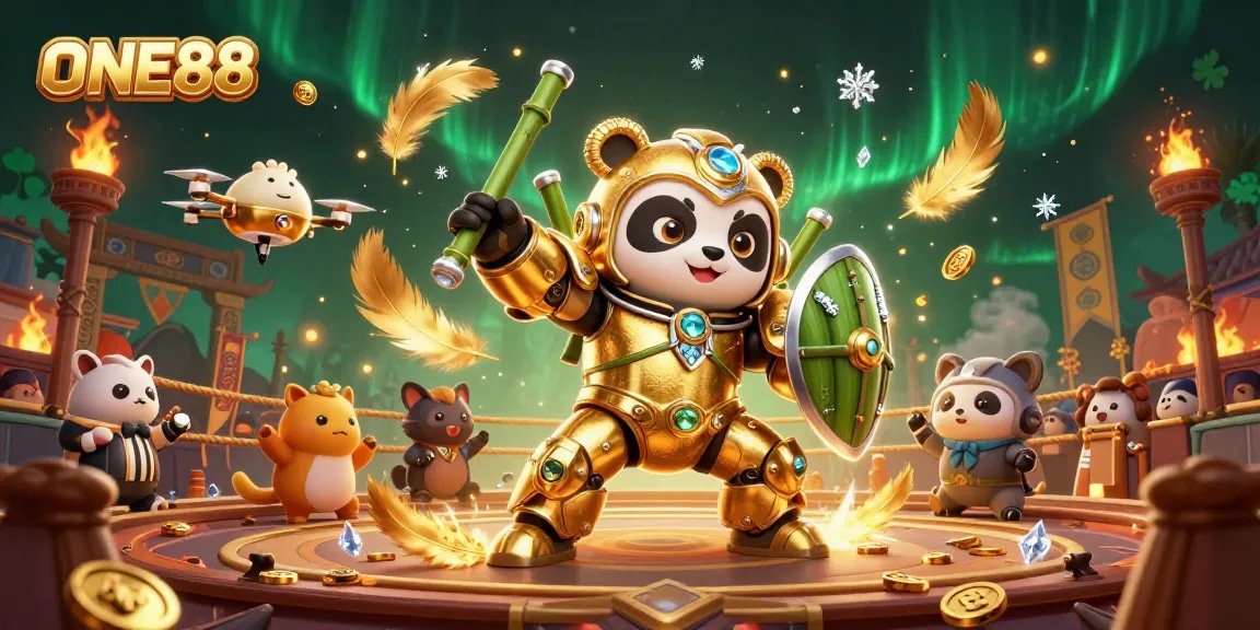 Experience thrilling gameplay at ONE88 with animated casino-style action featuring a mech panda.