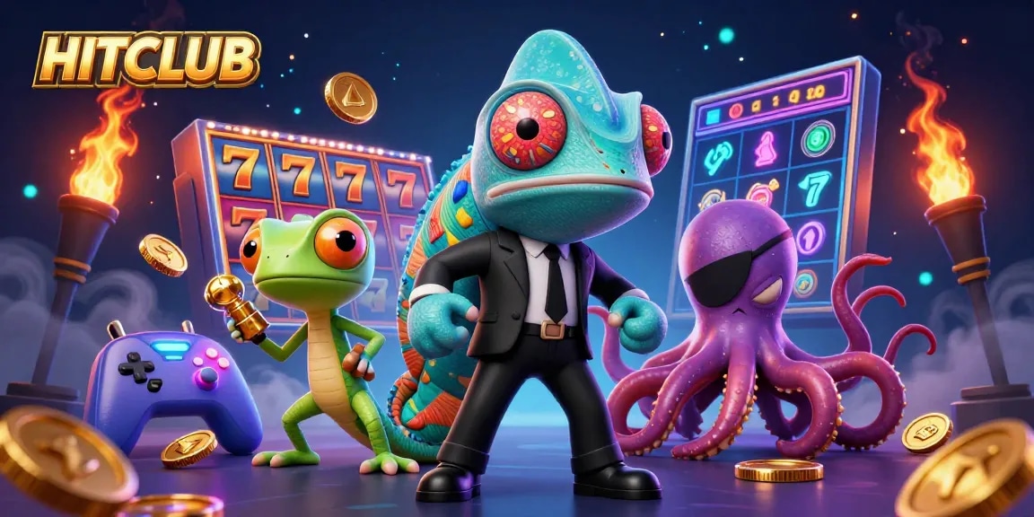 Experience thrilling gameplay at HITCLUB with vibrant slot game action and cartoon characters.
