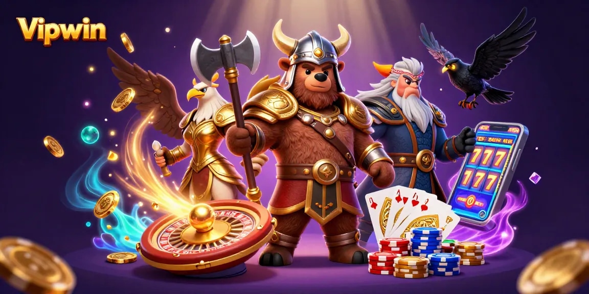 Experience the thrill of gameplay with Vipwin, featuring a Viking bear and Valkyrie eagle in a rich casino atmosphere.