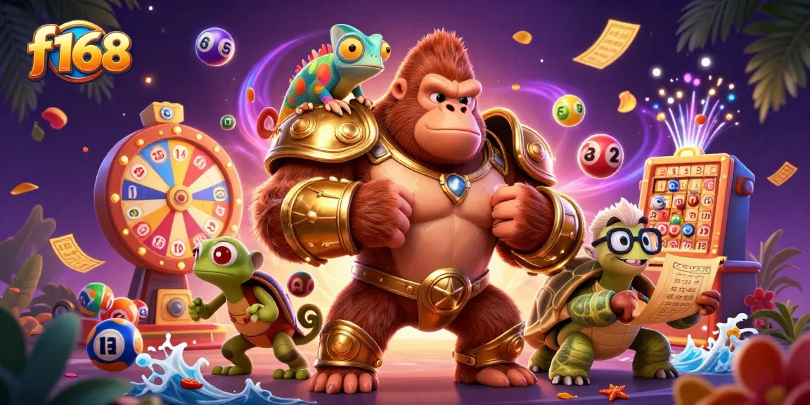 Experience modern gaming excitement with f168's vibrant illustration showcasing animated characters and thrilling lottery elements.