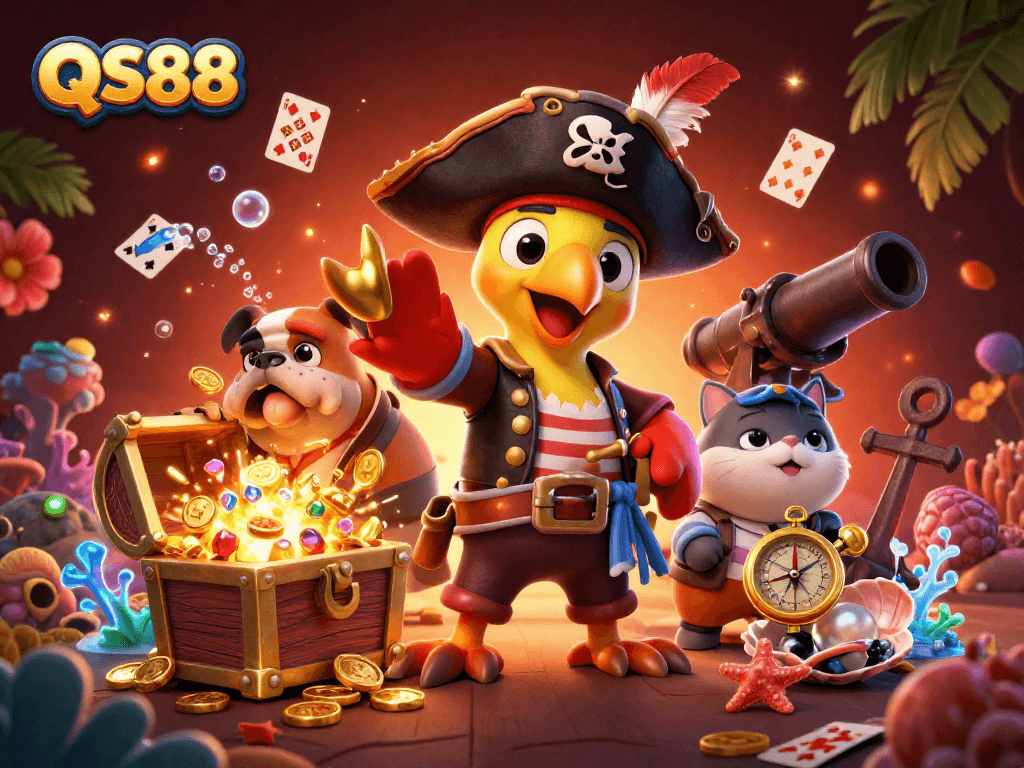 Experience thrilling gameplay at QS88 with vibrant casino elements and animated pirate characters.