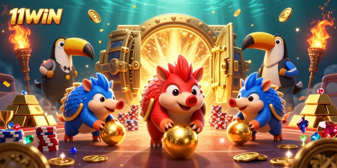 Engage with the thrilling atmosphere of 11WIN as pangolins roll through poker chips in a vibrant, magical casino.