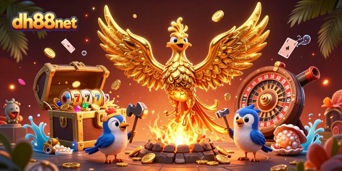 Experience the thrill of winning at dh88net with molten golden phoenix emerging among scattered coins and vibrant casino elements.