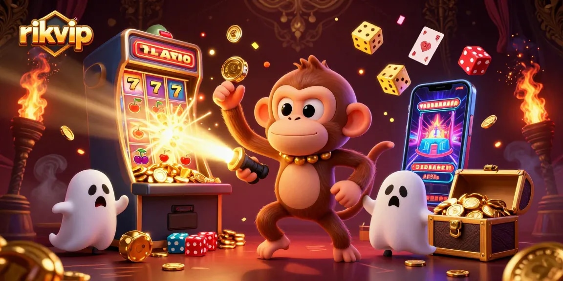 Experience the thrill of rikvip with a poltergeist monkey and ghost-hunter puppy in a lively casino scene.