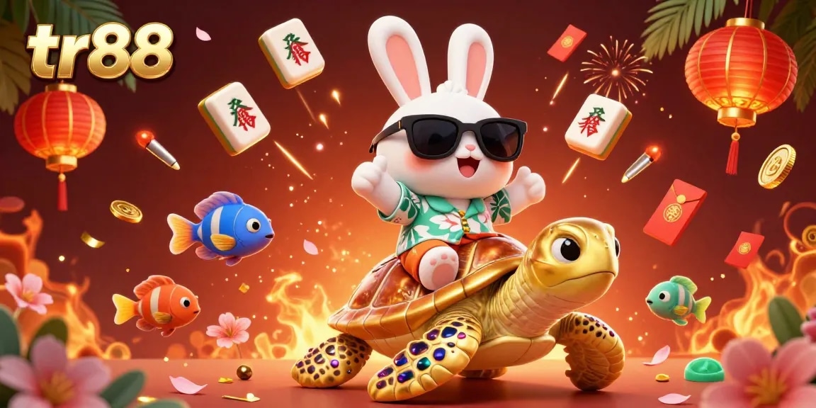 Experience the excitement of tr88 with a vivid online gambling scene featuring a lucky rabbit and golden turtle.