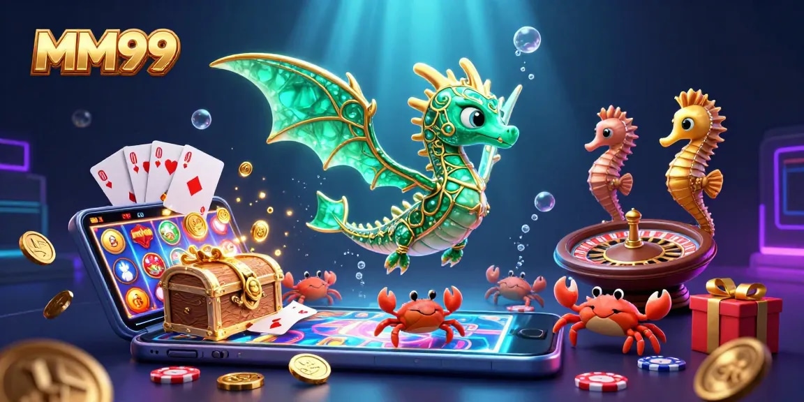Experience MM99 with vibrant casino gaming elements featuring a 3D sea dragon and treasure.