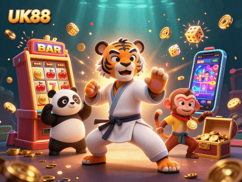 Engage with exciting games on UK88 featuring a kung fu tiger master amidst a slot machine jackpot.