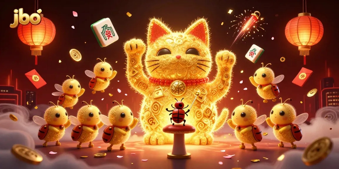 jbo offers vibrant, engaging casino experiences with a lucky cat and festive symbols for gamblers