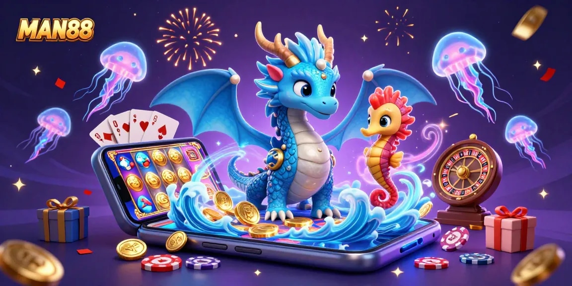 Experience the thrilling world of MAN88 with a vibrant scene featuring dragons, knights, and dazzling casino elements.