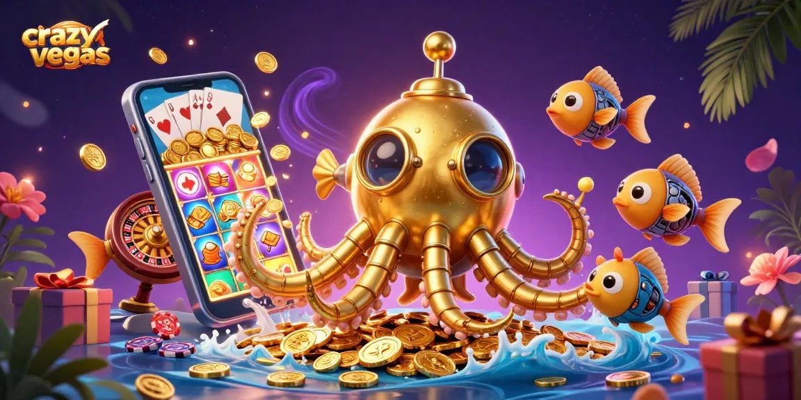 Experience gaming thrills with crazyvegas as a golden kraken submarine dives into coins and casino elements.