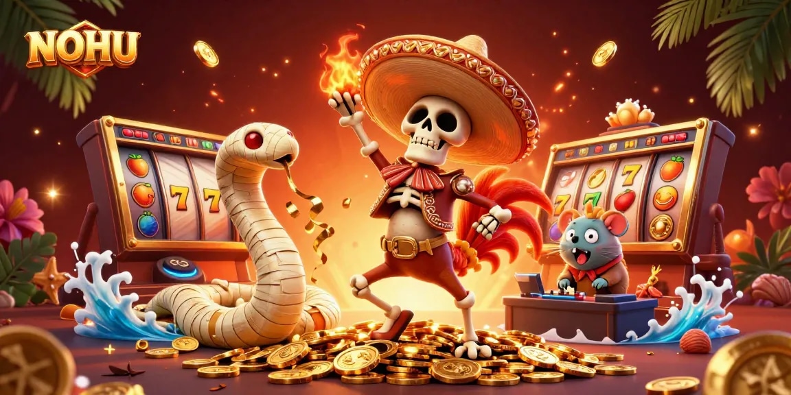 Win jackpots and prizes with NOHU in a vibrant online casino scene featuring lively game characters.