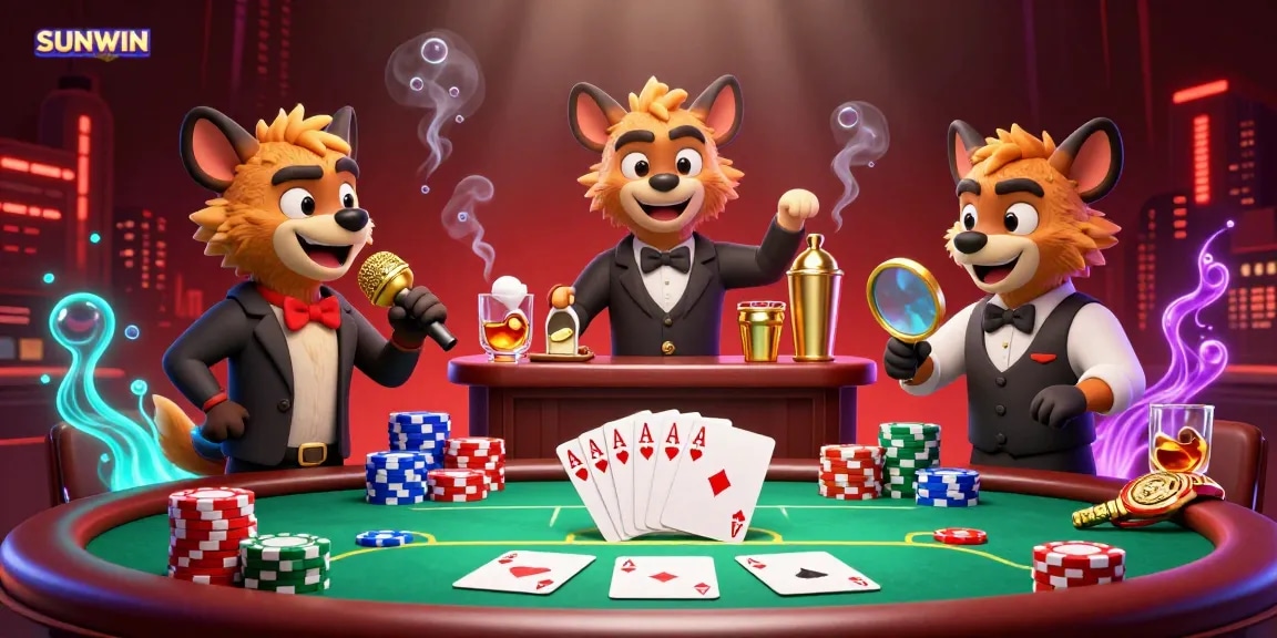 SUNWIN showcases energetic hyenas enjoying a vibrant casino atmosphere with dynamic gaming elements.