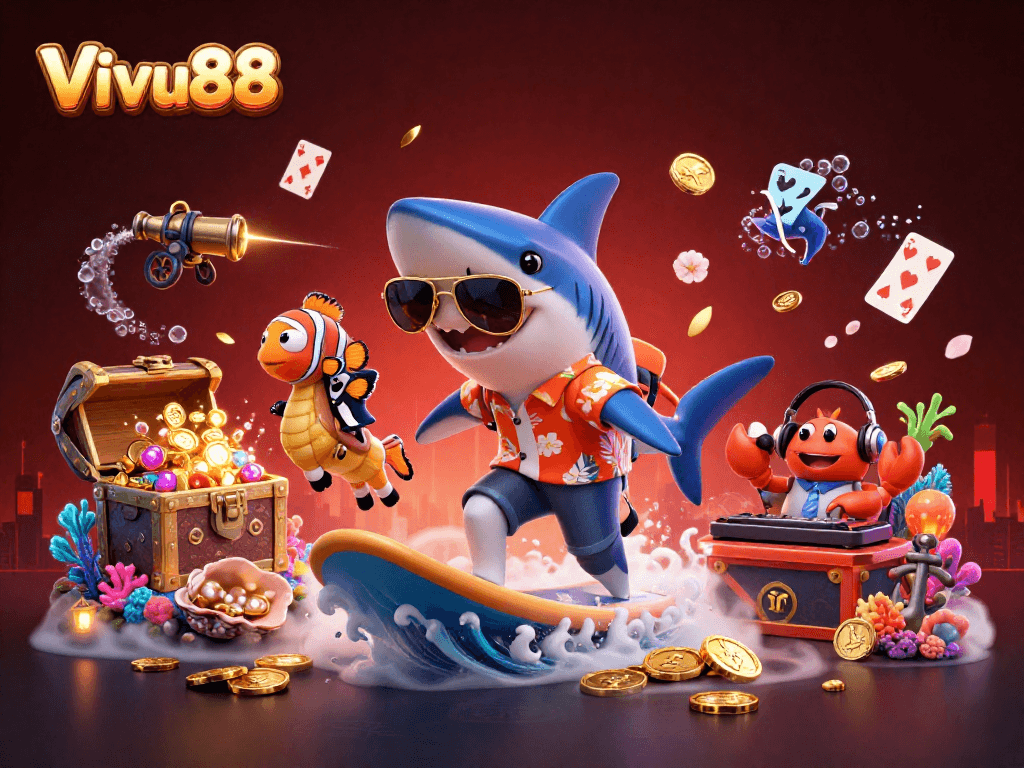 Join the fun with Vivu88 as the shark surfs on gold coins surrounded by vibrant underwater elements.