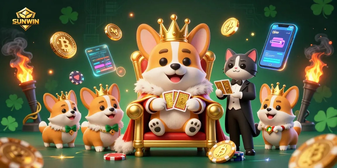 SUNWIN showcases a vibrant scene of a royal corgi and cat butler amidst gaming excitement, capturing gambling thrill.