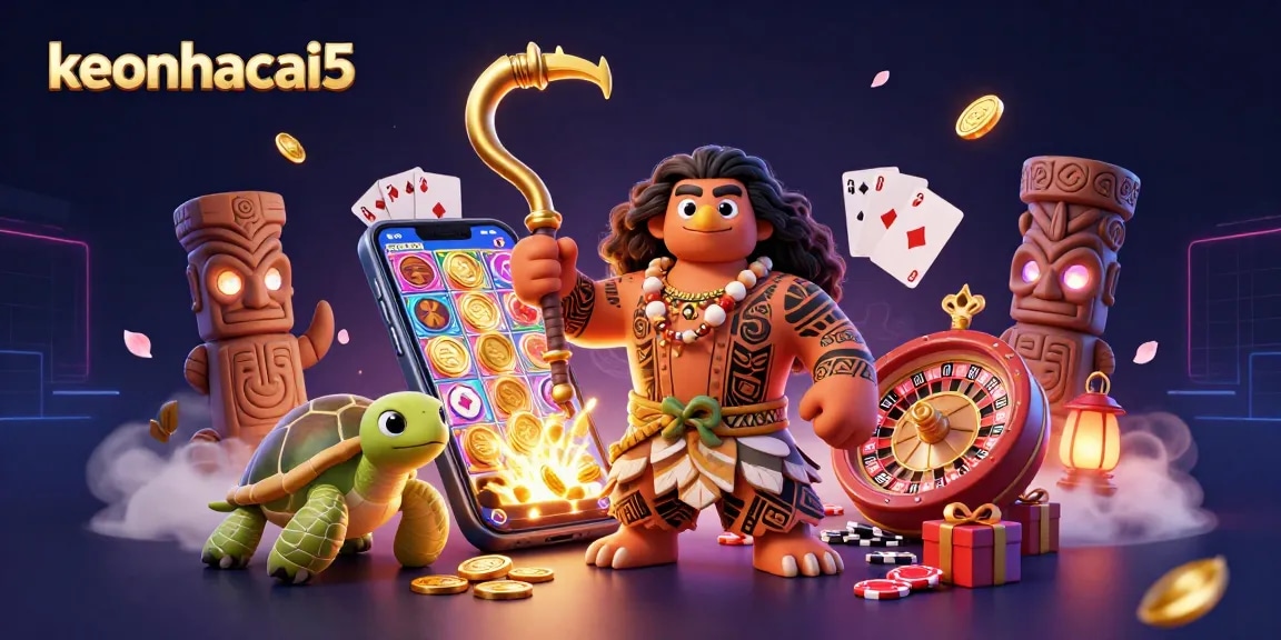 Bet on excitement with keonhacai5 in a vibrant 3D scene of Hawaiian mythology and casino games.