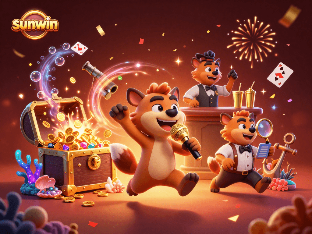 Join the laughter at sunwin's comedy casino with hyenas entertaining and vibrant gaming elements.