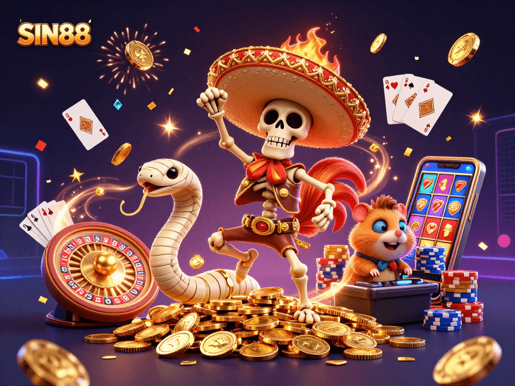 Experience thrilling wins with SIN88 as a flamboyant rooster celebrates on a jackpot of coins.