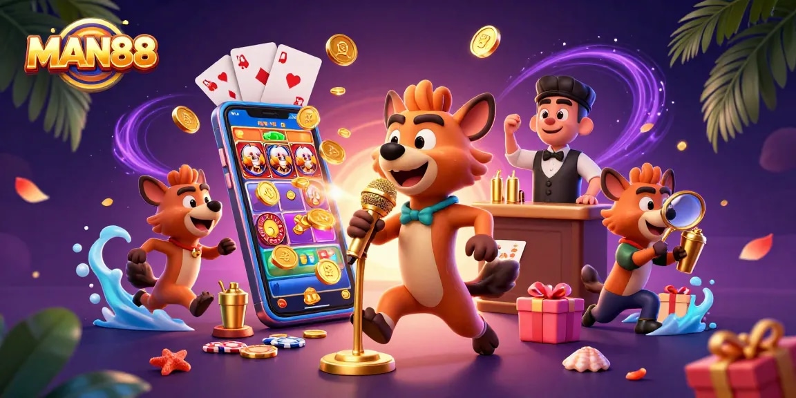 Experience the vibrant comedy casino with MAN88's hyena characters entertaining guests, featuring slots and lively decor.