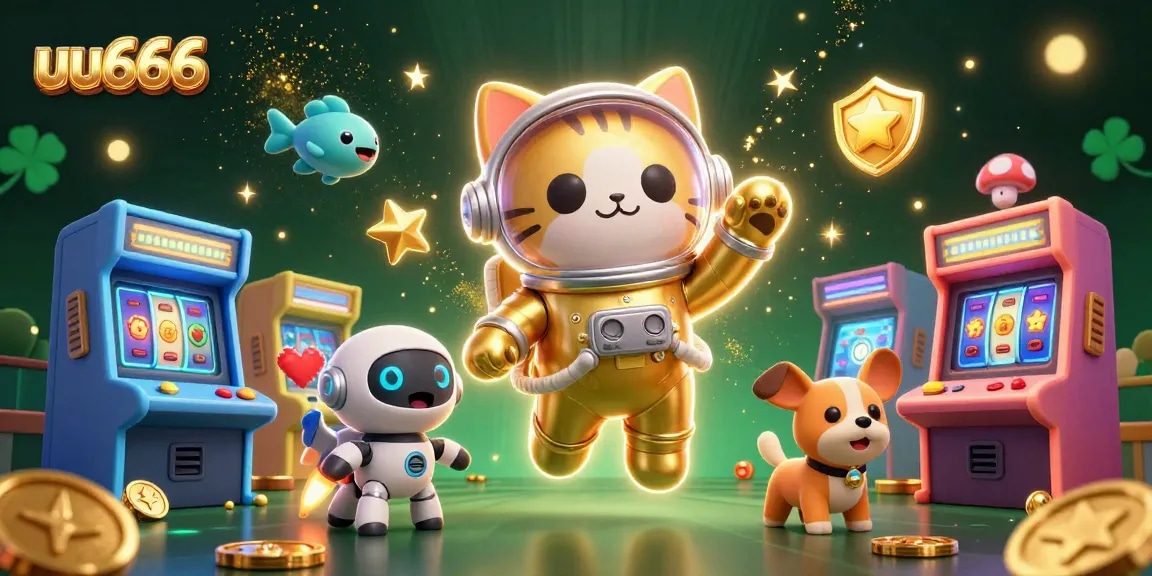 Experience thrilling gameplay at uu666 with an illustrated scene of our cosmic characters amidst arcade games.