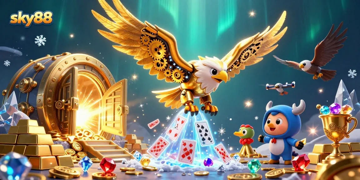 Experience thrilling gaming at sky88 with vibrant 3D visuals of a golden eagle soaring through dynamic casino elements.