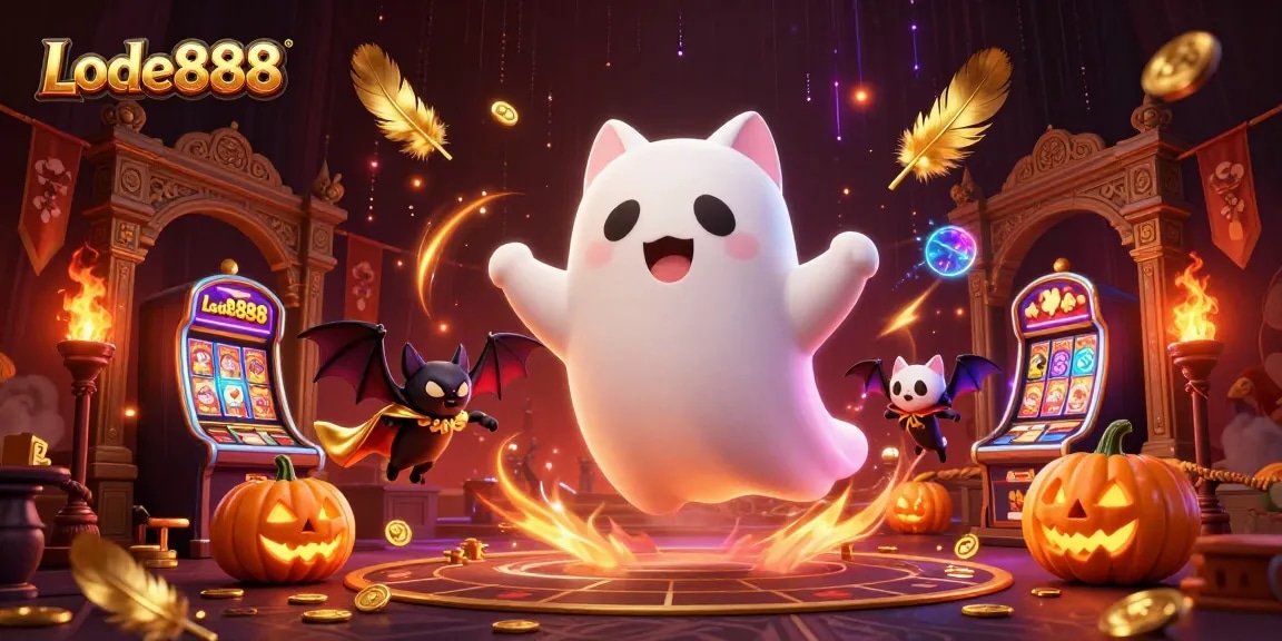 Join the thrills of Lode888 with a ghost cat and bat companion in a haunted casino.