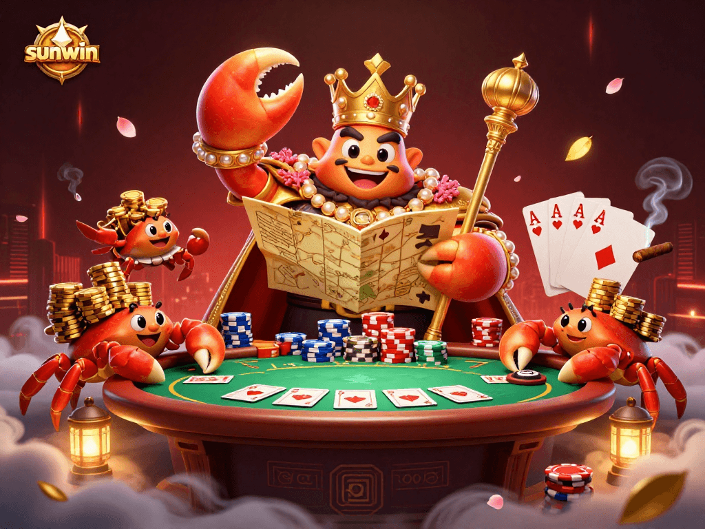 Engage in thrilling gameplay with sunwin's massive crab emperor and colorful poker elements.