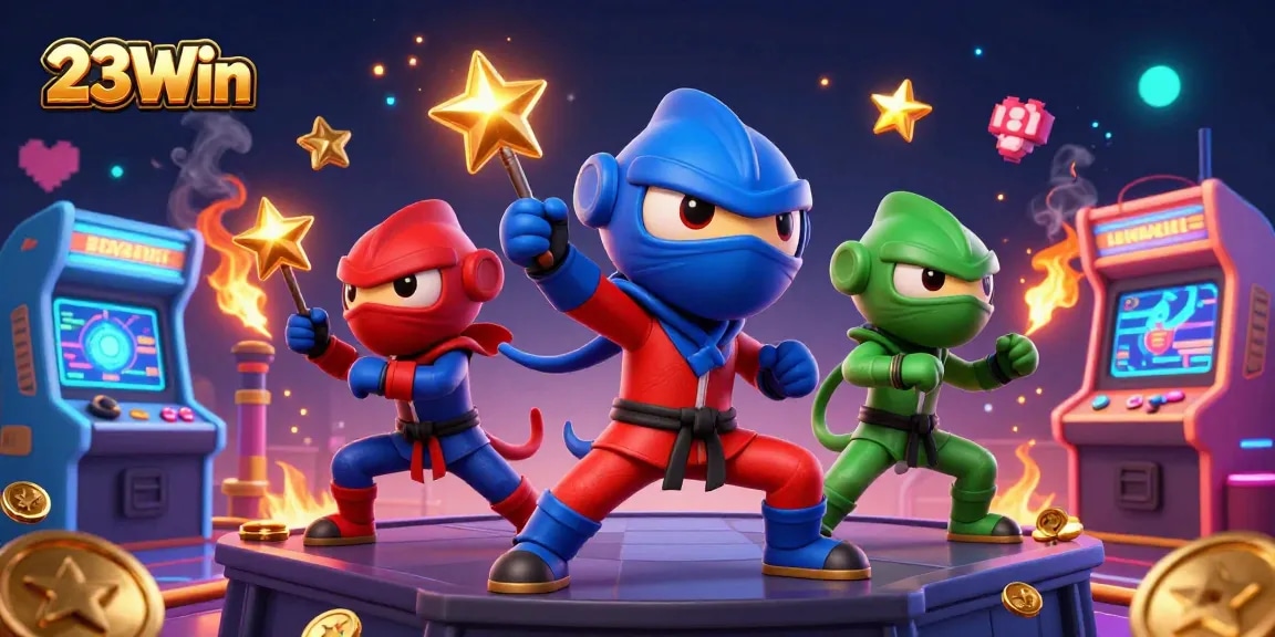 Engaging scene of 23Win showcasing a ninja chameleon team amidst vibrant casino elements.